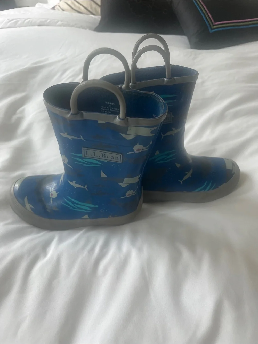 L.L. Bean Blue Kids Shark Print Rain Boots with Gray Trim